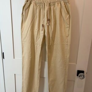 Men's Beige Linen/Cotton Pants with Drawstring Waist